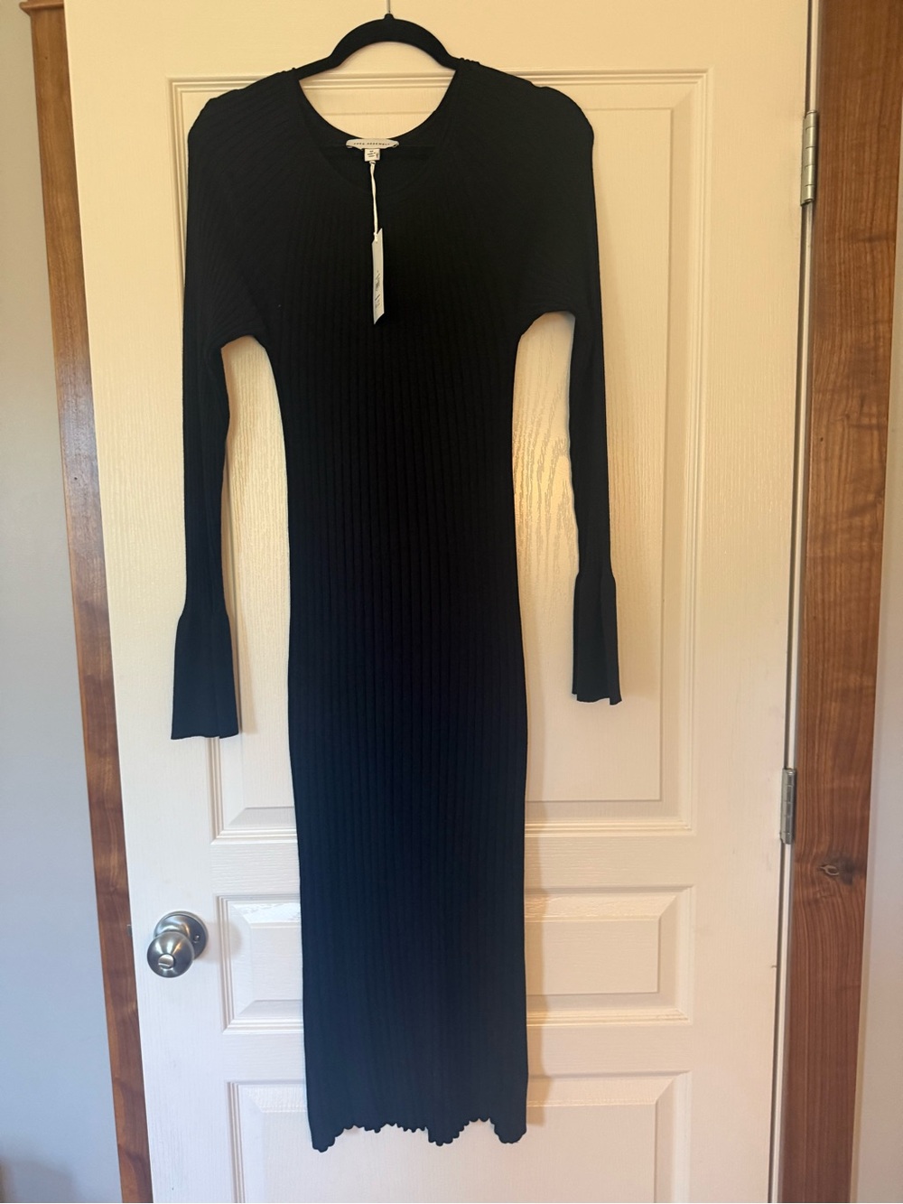 Black Ribbed Long-Sleeve Midi Dress by